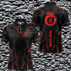Customized 8 Ball Pool Crown Men Billiard Shirts, Red And Black Billiard Team Shirts, Pool Jerseys TDM3564