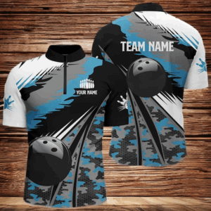 Men's bowling Quarter Zip shirts Custom black ball blue camo Bowling Team Jersey, gift for Bowlers NQS5247