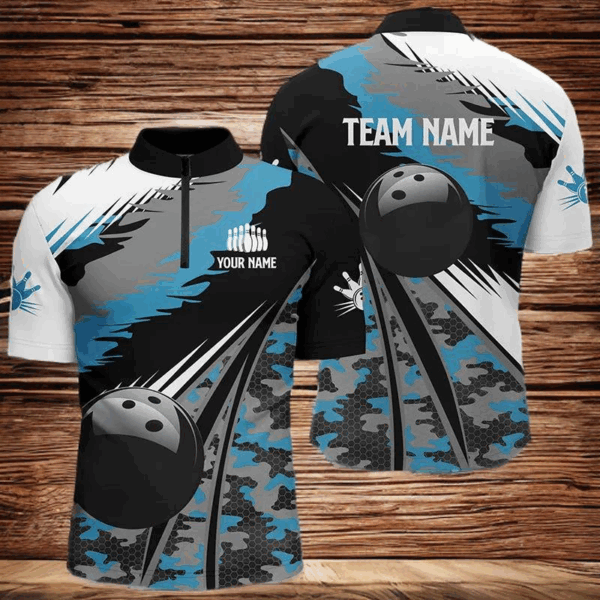 Men's bowling Quarter Zip shirts Custom black ball blue camo Bowling Team Jersey, gift for Bowlers NQS5247