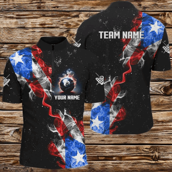 Customized Grunge US Flag Smoke Billiard Men Quarter-Zip Shirt, Patriotic Billiard Jerseys TDM0976