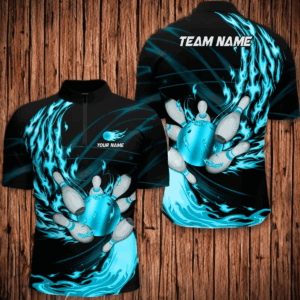 Black Mens bowling shirts Custom Cyan Blue flame Bowling ball and pins Team league bowler Jerseys NQS8486