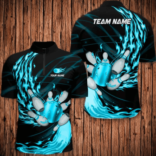 Black Mens bowling shirts Custom Cyan Blue flame Bowling ball and pins Team league bowler Jerseys NQS8486