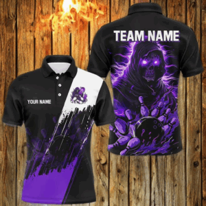 Black and Purple Skull reaper bowling jerseys Polo, 1/4 Zip Shirt for Men Custom Bowling Team shirts NQS8031