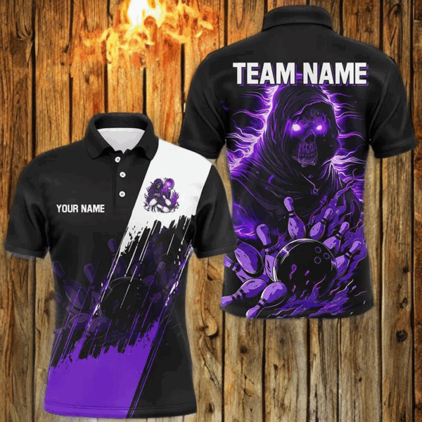 Black and Purple Skull reaper bowling jerseys Polo, 1/4 Zip Shirt for Men Custom Bowling Team shirts NQS8031