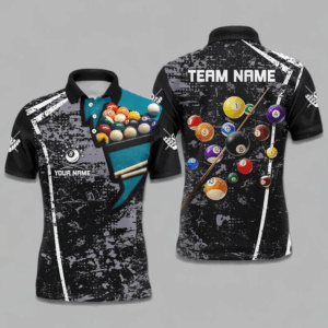 Personalized Grey Grunge Billiard Polo Shirts For Men, Custom 3D Pool Balls Billiard Jerseys VHM0739