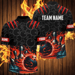 Men bowling Quarter Zip shirts Custom black red flame bowling shirt, Bowling Jerseys gift for bowlers NQS7126