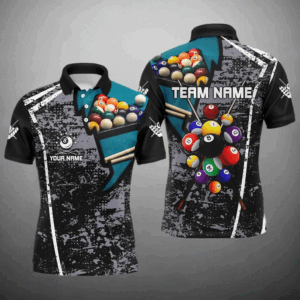 Personalized Grey Grunge Billiard Polo Shirts For Men, Custom 3D Pool Balls Billiard Jerseys VHM0186