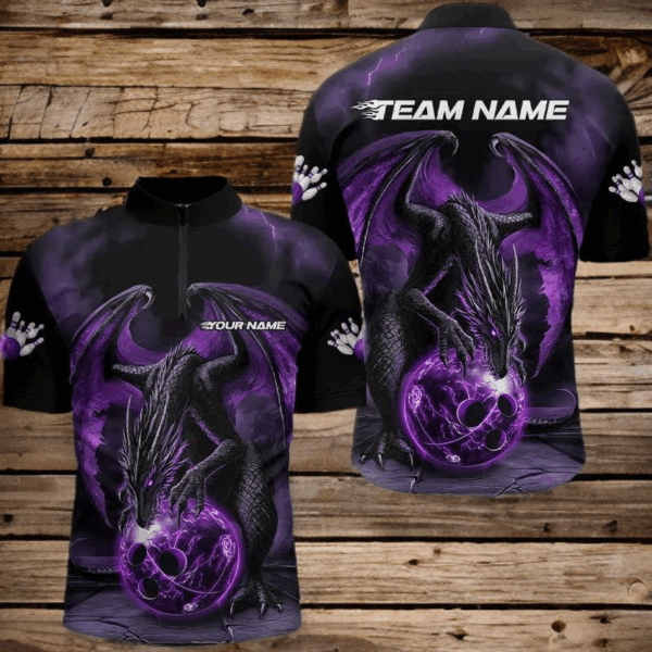 Black And Purple Custom Bowling Team Shirts For Men, Dragon Bowling Uniform Bowler Outfits IPHW7990