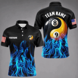 Blue Flaming Ying And Yang 8 Ball & 9 Ball Billiard Shirts For Men Custom Pool Billiard Jerseys TDM3617