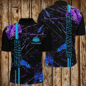 Custom Blue And Purple Strike Bowling Shirts For Men And Women, Camo Bowling Team Jerseys IPHW6425
