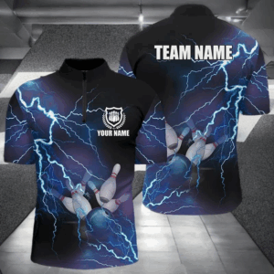 Men's bowling Quarter Zip shirts Custom blue lightning thunder Bowling Team Jersey, gift for Bowlers NQS5244