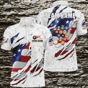Billiards Balls US Flag White Grunge Custom Name Billiard Polo Shirts For Men, 8 Ball Pool Jerseys VHM0095