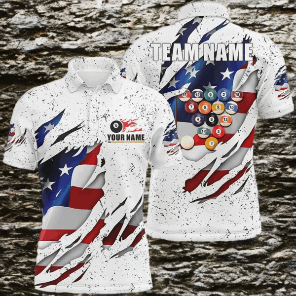 Billiards Balls US Flag White Grunge Custom Name Billiard Polo Shirts For Men, 8 Ball Pool Jerseys VHM0095