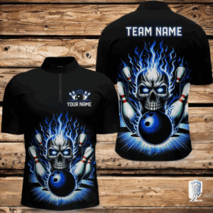 Personalized Unisex Skull Bowling Shirt Custom Team'S Name Flame Bowler Jerseys | Blue IPHW6012