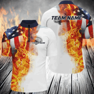 Flame American Flag Custom Polo /Quarter-Zip Shirts For Men Women, Patriotic Bowling Team Jersey IPHW5984