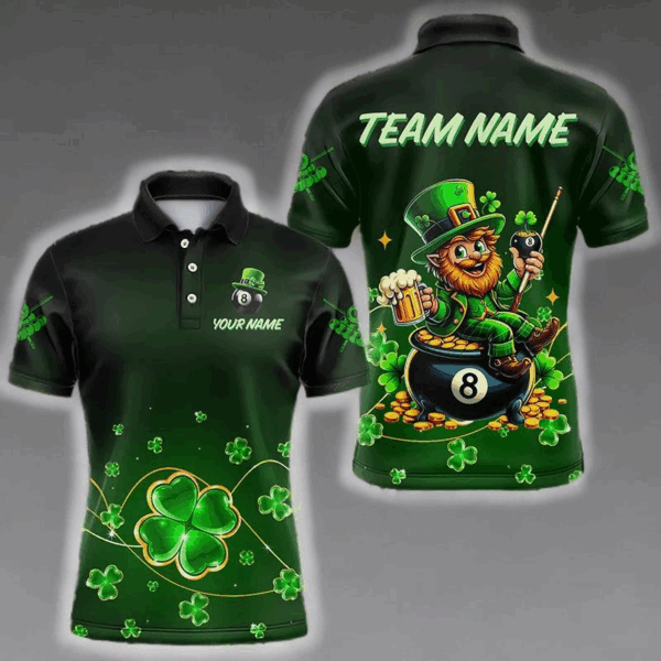 Personalized Funny Green Luckiest Shamrock Men Billiard Shirt Custom St Patrick Day Billiard Jersey TDM3426
