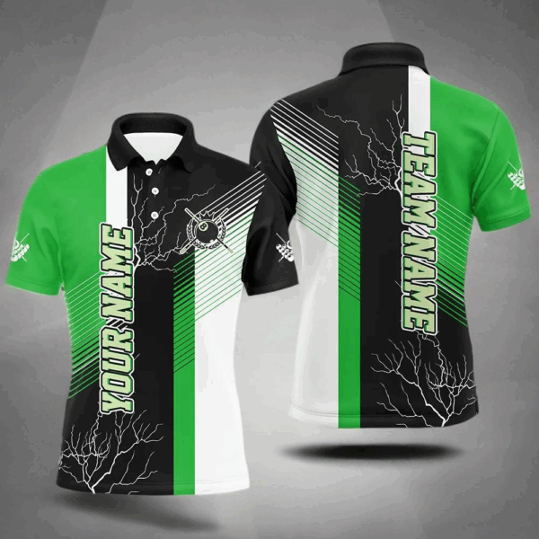 Personalized Black Green Billiard Polo, Quarter Zip For Men Custom 8 Ball Pool Billiard Team Jersey TDM3269
