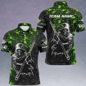 Personalized Green Abstract Death Skeleton Men Billiard Shirts, Halloween Scary Billiard Jerseys TDM2606