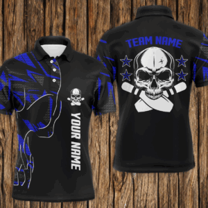 Bowling polo shirts for men custom name and team name Skull Bowling, team bowling shirts | Blue NQS4553