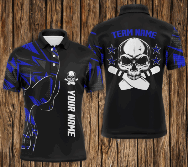 Bowling polo shirts for men custom name and team name Skull Bowling, team bowling shirts | Blue NQS4553