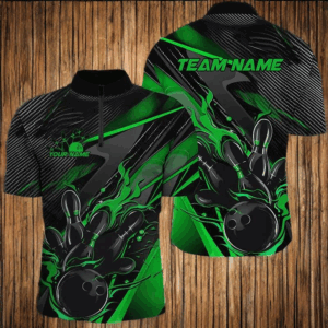 Black And Green Custom Flame Bowling Shirts For Men, Fire Bowling Team Shirt Bowler Jersey IPHW7934