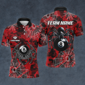 Red Camo Billiard Spider Cobweb Custom Men Polo & Quarter-Zip Shirts, Unique 8 Ball Pool Jerseys TDM1766