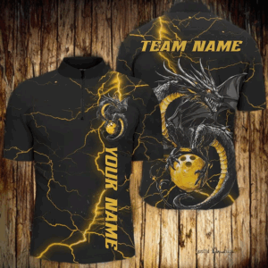 Black And Gold Custom Dragon Bowling Shirts For Men, Dragon Bowling League Shirts Outfits IPHW7309