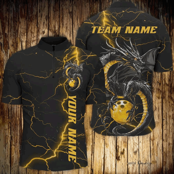 Black And Gold Custom Dragon Bowling Shirts For Men, Dragon Bowling League Shirts Outfits IPHW7309