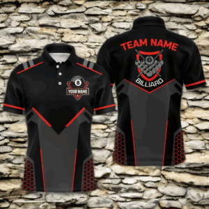 Personalized Style Black Red 8 Ball Billiard 3D Polo Shirts For Men, Custom 8 Ball Pool Team Shirts VHM1056