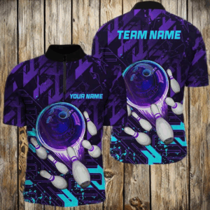 Men bowling Quarter Zip shirts Custom purple blue abstract Bowling Team league Jerseys, bowling gifts NQS7096