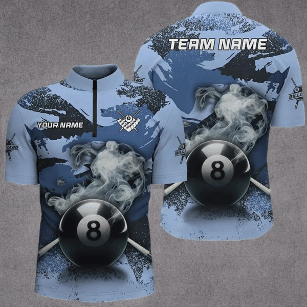 8 Ball Pool Smoke Custom Blue Camo Men Quarter-Zip Shirts, Billiard Snooker Outfits TDM1014