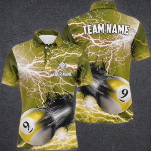 Funny 9 Ball Pool Rush Out Custom Thunder Lightning Yellow Men Polo Shirt Best Billiard Team Shirts TDM0970