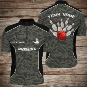 Men's bowling Quarter Zip shirts Custom bowling ball and pins camo Bowling Team Jersey for men NQS5248