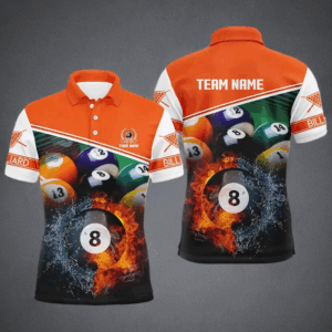 Custom Name Billiard 8 Ball In Fire And Water 3D Orange Men Polo Shirts, Gifts For Billiard Player TDM0491
