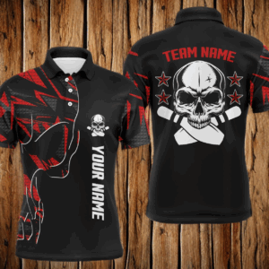 Bowling polo shirts for men custom name and team name Skull Bowling, team bowling shirts | Red NQS4553
