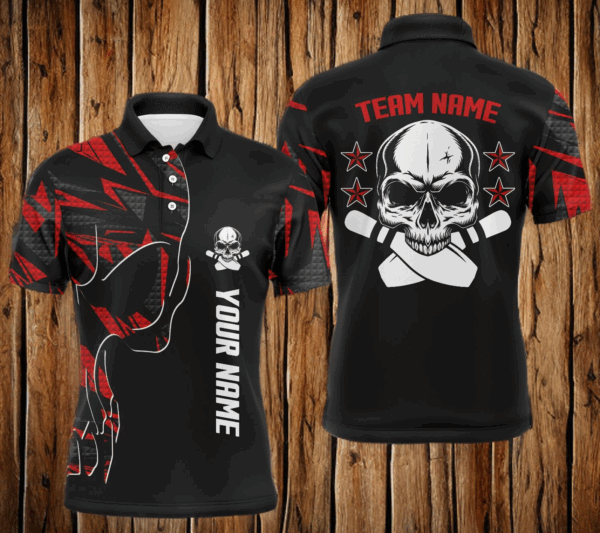 Bowling polo shirts for men custom name and team name Skull Bowling, team bowling shirts | Red NQS4553