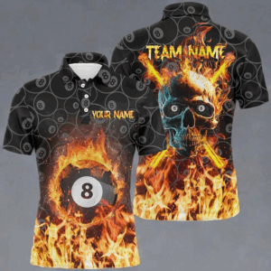 Personalized Billiard Skull 8 Ball Flame Billiard 3D Polo Shirts For Men, Custom Billiards Jerseys VHM0296