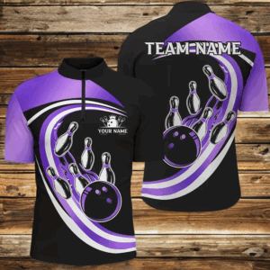 Black and Purple Bowling Polo, 1/4 Zip Shirt For Men Custom Bowling Team League Jersey,Gift For Bowler NQS9044