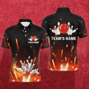 Personalized Men Polo Bowling Shirt Flame Bowling Ball and Pins Short Sleeve Polo for Men Bowlers NBP06