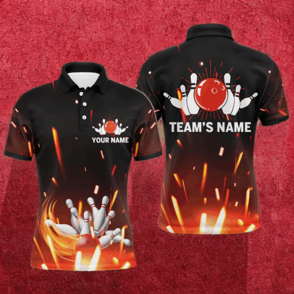 Personalized Men Polo Bowling Shirt Flame Bowling Ball and Pins Short Sleeve Polo for Men Bowlers NBP06