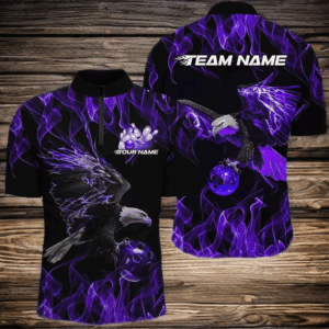 Purple Flame Eagle Custom Bowling Team Shirts For Men, Fire Bowling League Shirt Bowler Outfit IPHW7950