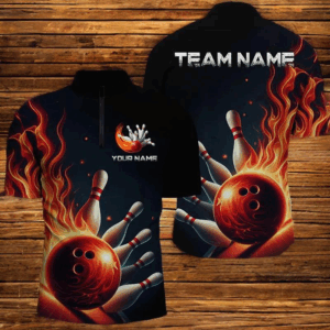 Personalized Red Flame Bowling Quarter Zip Shirts For Men And Women Bowling Team Jerseys IPHW5405