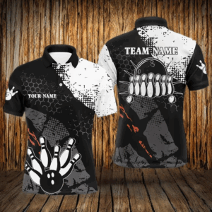 Black and white Mens polo bowling shirts Custom retro bowling ball pins bowling team league jerseys NQS6264