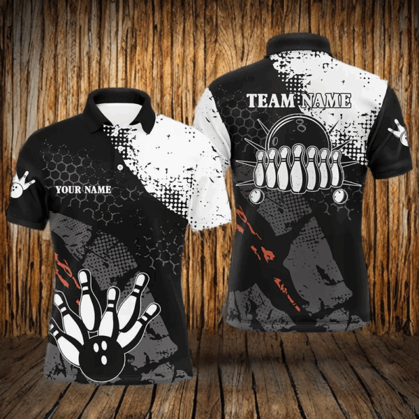 Black and white Mens polo bowling shirts Custom retro bowling ball pins bowling team league jerseys NQS6264