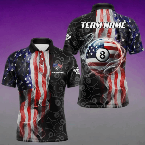Personalized American Flag Smoke Flag Billiard Jersey, Patriotic 8 Ball Pool Billiard Team Shirts TDM3235