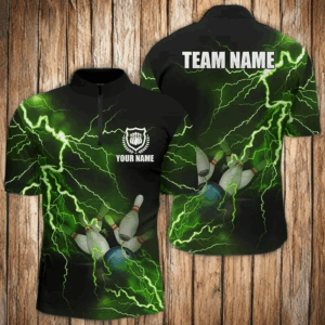 Men's bowling Quarter Zip shirts Custom green lightning thunder Bowling Team Jersey, gift for Bowlers NQS6146
