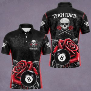 Black And Red 8 Ball Pool And Roses Custom Skull Billiard Shirts For Men, Unique Billiard Jerseys TDM3204