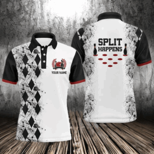 Split Happens Personalized Bowling Shirt for Men League Bowling Jersey with Name Men Polo Shirt NBP136