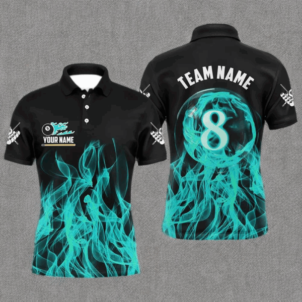 3D Turquoise Flaming 8 Ball Pool Men Billiard Polo & 1/4 Zip Shirt Custom Pool Player Jersey TDM2772