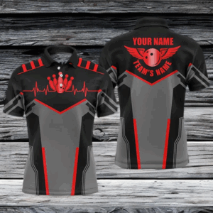 Bowling shirts for men custom name and team name Bowling Ball and Pins, team bowling shirts | Red NQS4529